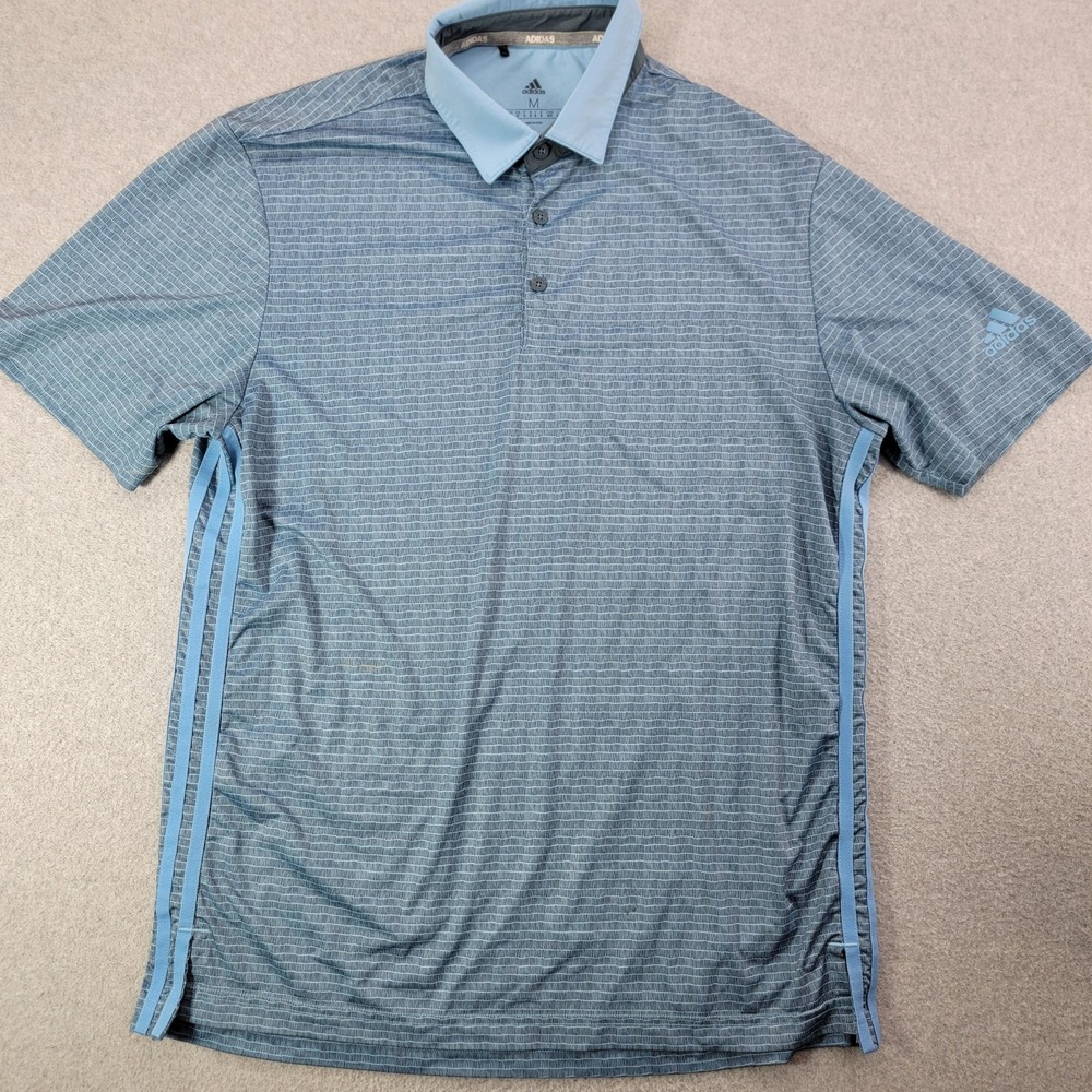 Adidas Polo Shirt Mens Medium Blue Striped Short Sleeve Golf Athletic Casual